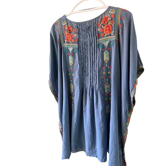 Johnny Was Womens Caftan One Size  Blue Cotton Embroidered Round Neck Boho - Picture 2 of 11